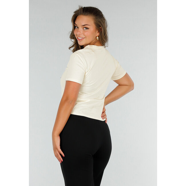 Beigefarbenes Basic T-Shirt aus Baumwolle mit Stretch, kurzen Ärmeln und lockerer Passform