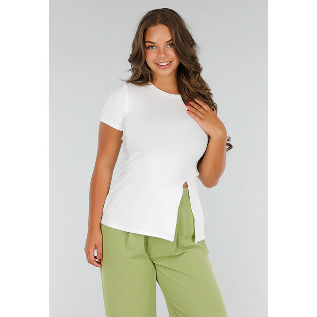 Weißes Stretch-T-Shirt mit Seitenschlitz, Rundhalsausschnitt und kurzen Ärmeln