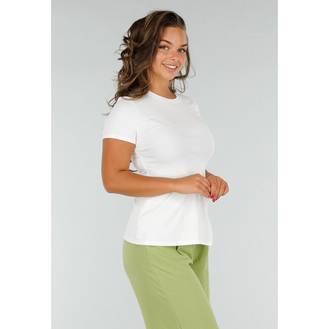 Weißes Stretch-T-Shirt mit Seitenschlitz, Rundhalsausschnitt und kurzen Ärmeln