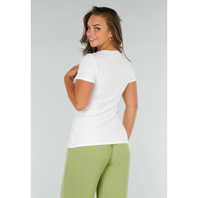 Weißes Stretch-T-Shirt mit Seitenschlitz, Rundhalsausschnitt und kurzen Ärmeln