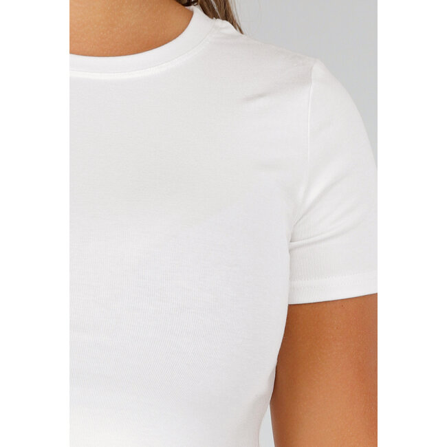 Weißes Stretch-T-Shirt mit Seitenschlitz, Rundhalsausschnitt und kurzen Ärmeln