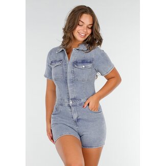 Blauer Denim Playsuit mit Stretch und Taschen