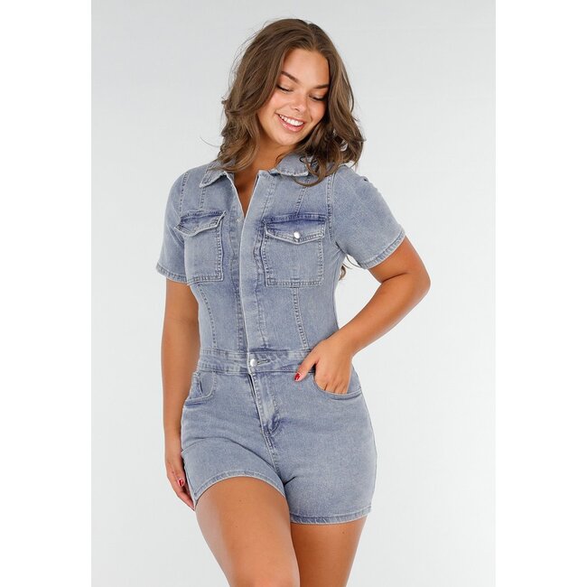 Blauer Denim Playsuit mit Stretch, Kragen und Druckknopf-Verschluss