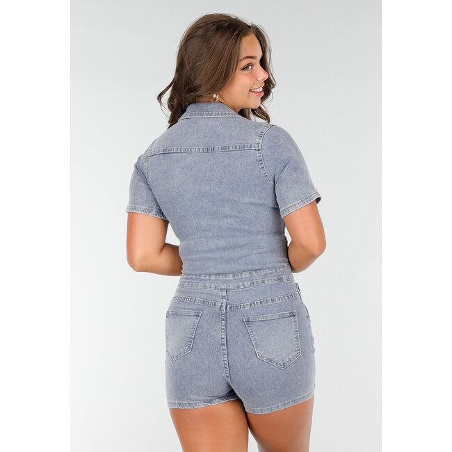Blauer Denim Playsuit mit Stretch, Kragen und Druckknopf-Verschluss