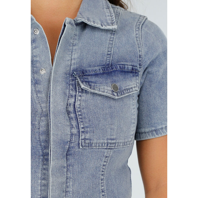 Blauer Denim Playsuit mit Stretch, Kragen und Druckknopf-Verschluss