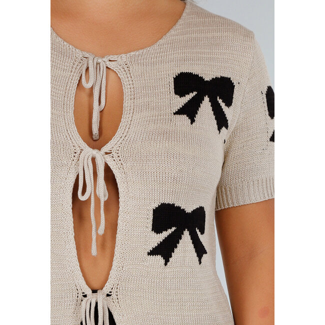 Taupefarbenes Strickoberteil mit Schleifendruck, Schleifen, Stretch und Manschettenabschluss