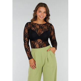 Schwarzes Stretch-Top mit Spitze und floralem Muster