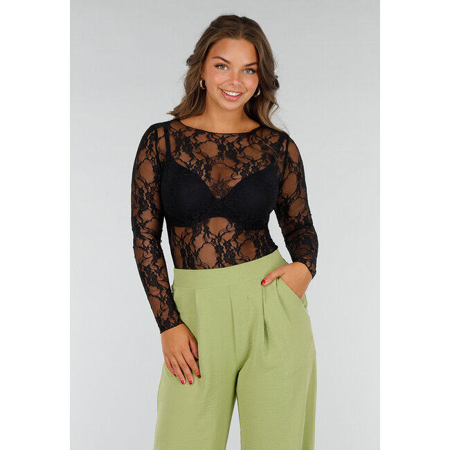 Schwarzes Spitzentop aus Stretch-Stoff mit langen Ärmeln und floralem Einsatz