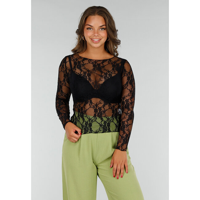 Schwarzes Spitzentop aus Stretch-Stoff mit langen Ärmeln und floralem Einsatz