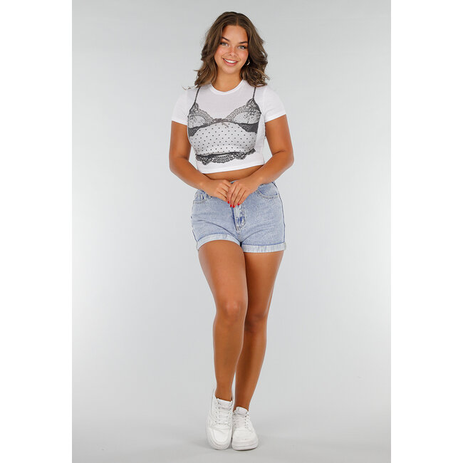 Weißes Croptop mit schwarzem Korsettdruck und Spitzendetails