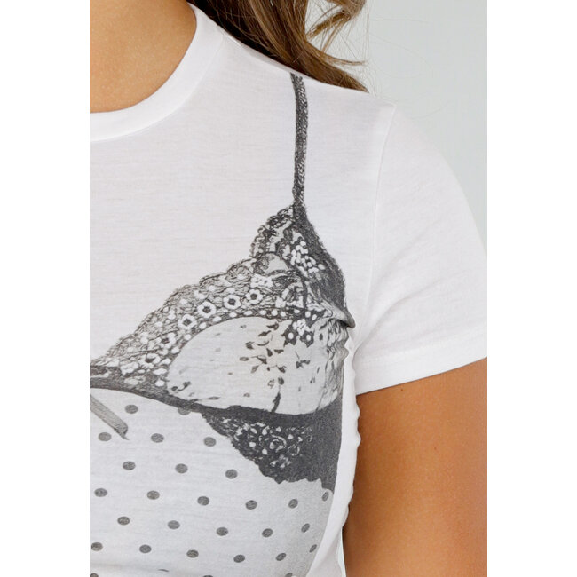 Weißes Croptop mit schwarzem Korsettdruck und Spitzendetails