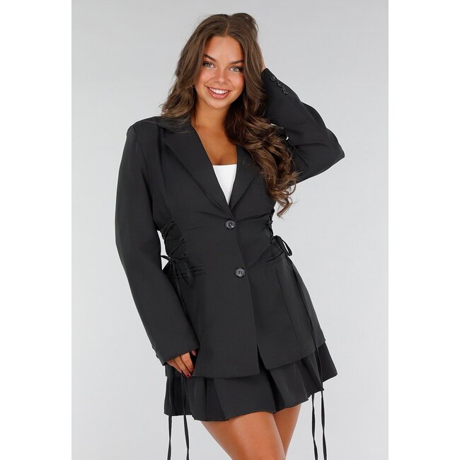 Schwarzes zweiteiliges Set mit Blazer mit Korsettschnürung und High Waist Rock mit Stretch