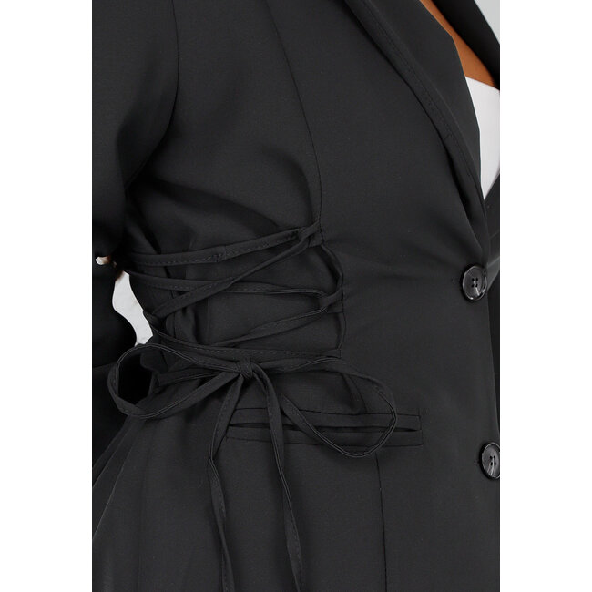 Schwarzes zweiteiliges Set mit Blazer mit Korsettschnürung und High Waist Rock mit Stretch