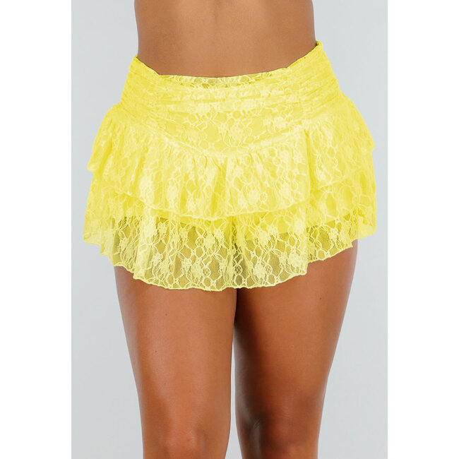 Buttergelber Skort mit Stretch, Spitzenrüschen und Blindreißverschluss