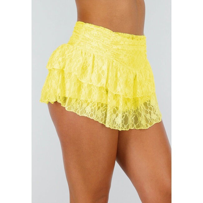 Buttergelber Skort mit Stretch, Spitzenrüschen und Blindreißverschluss