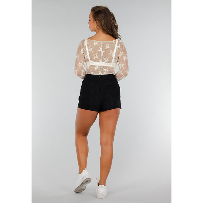 Cremefarbenes Top aus Mesh-Spitze mit Blumendruck und Stretch