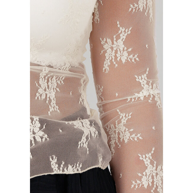 Cremefarbenes Top aus Mesh-Spitze mit Blumendruck und Stretch