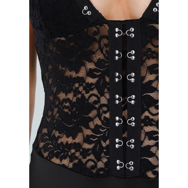 Schwarzer Jumpsuit mit Spitzenträgertop, V-Ausschnitt und ausgestellter Röhre