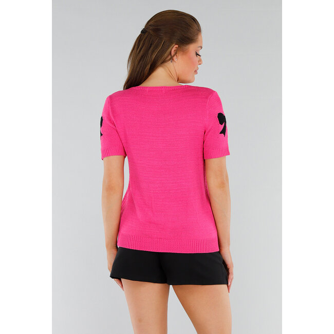Rosa Strick-Top mit Stretch, Schleifenverschluss und Schleifen-Print