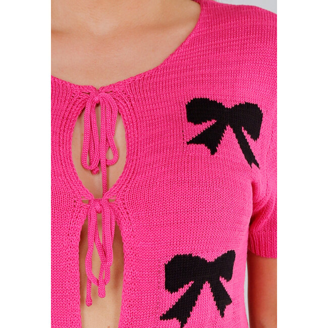 Rosa Strick-Top mit Stretch, Schleifenverschluss und Schleifen-Print