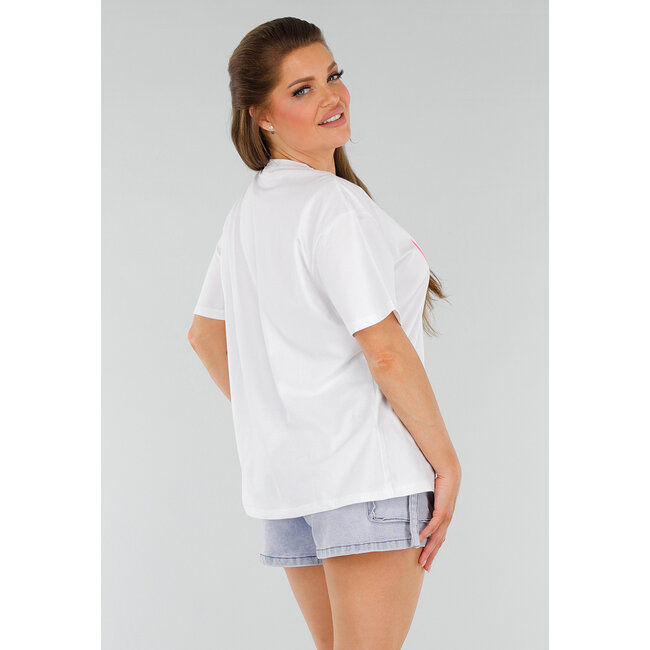 Weißes übergroßes Acid Wash T-Shirt mit Stretch und rosa Druck