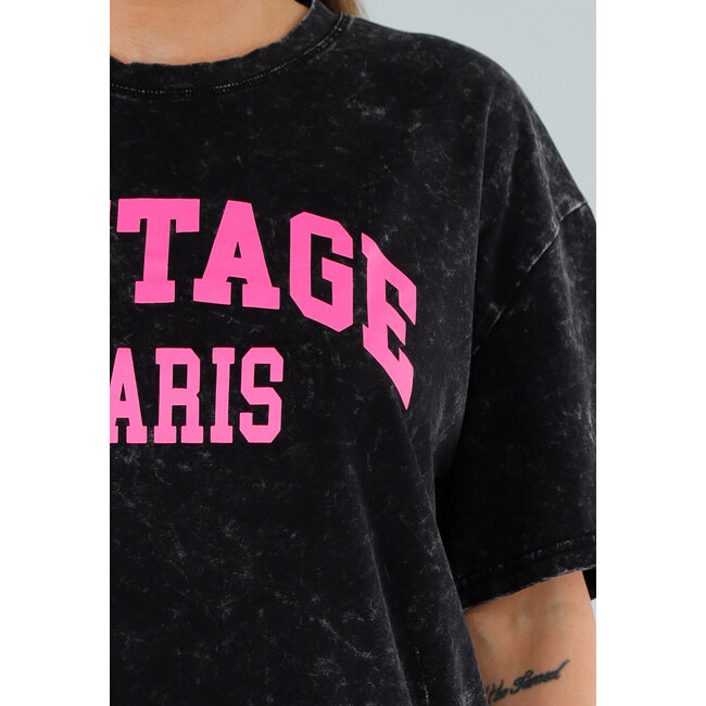 Schwarzes Oversized T-Shirt mit Stretch und Vintage Paris Druck