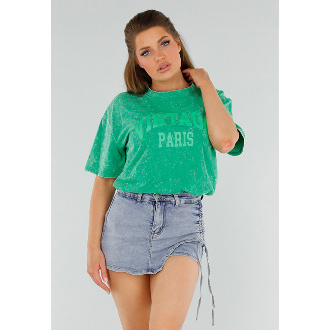 Grünes Oversized-T-Shirt mit Neon-Print und Acid-Wash-Print