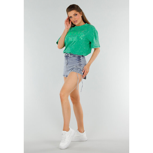 Grünes Oversized-T-Shirt mit Neon-Print und Acid-Wash-Print