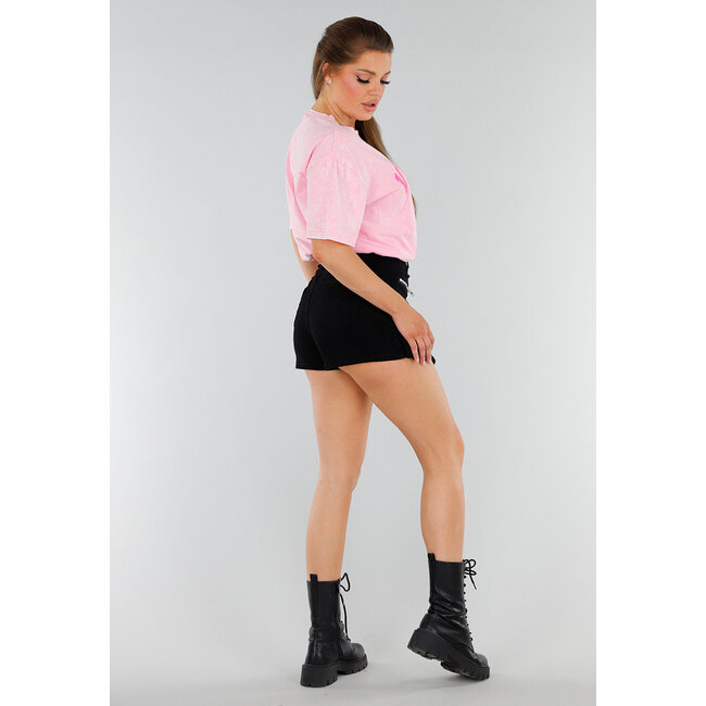 Hellrosa Stretch-T-Shirt mit neonpinkem Aufdruck und Oversized-Passform