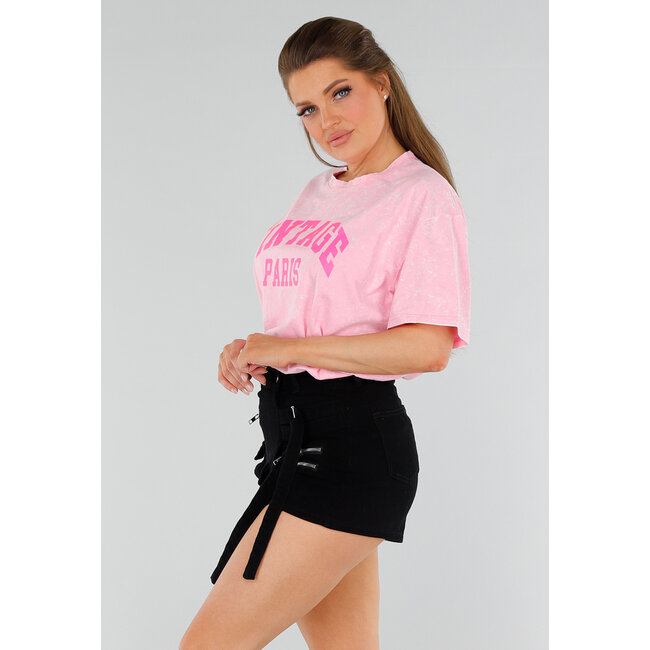 Hellrosa Stretch-T-Shirt mit neonpinkem Aufdruck und Oversized-Passform