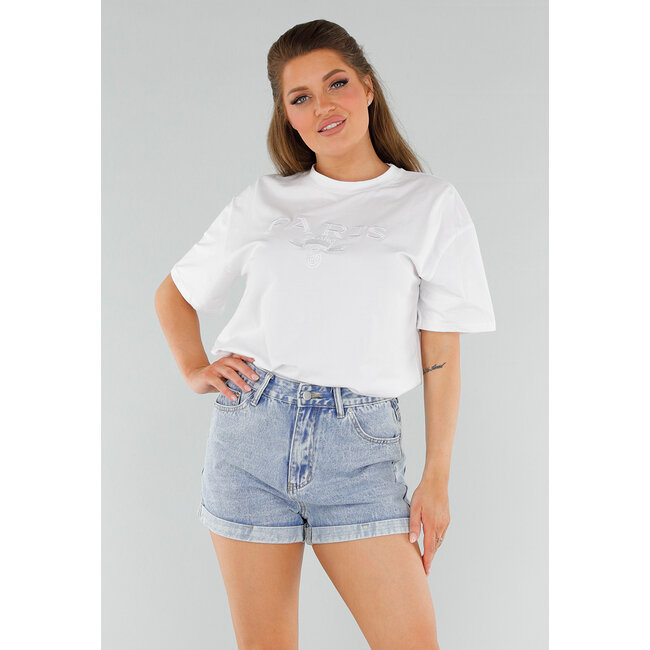 Weißes Oversized-Baumwollhemd mit Stretch und Paris Milano-Stickerei