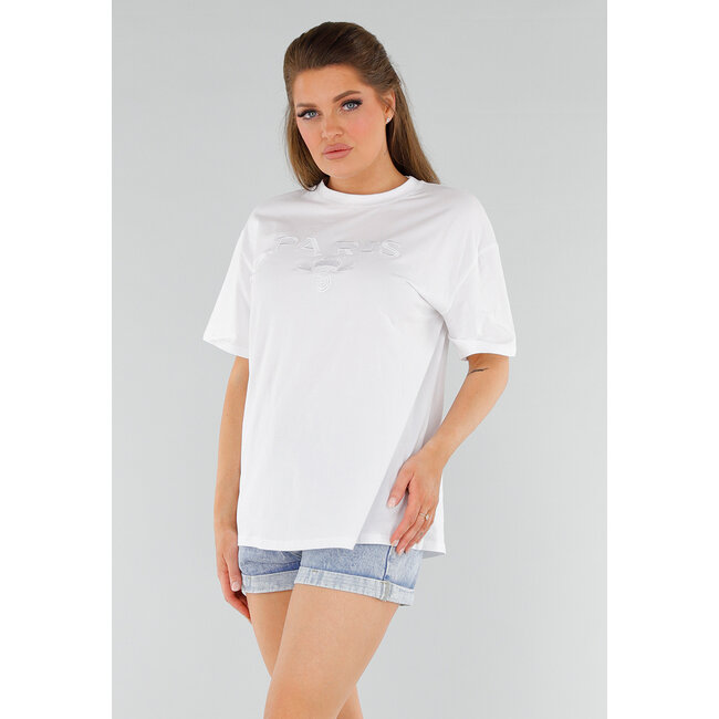Weißes Oversized-Baumwollhemd mit Stretch und Paris Milano-Stickerei