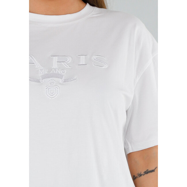 Weißes Oversized-Baumwollhemd mit Stretch und Paris Milano-Stickerei
