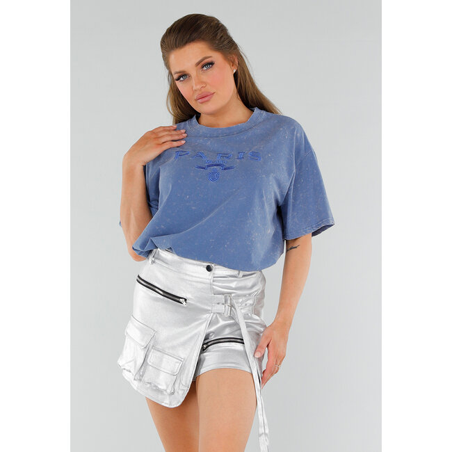 Blaues Baumwoll-T-Shirt mit Stickerei und Oversized-Passform mit Stretch