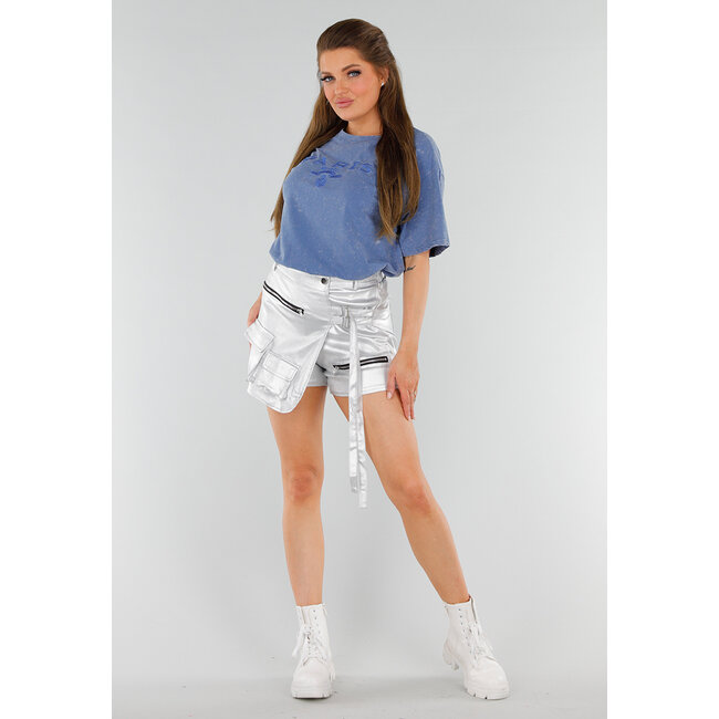 Blaues Baumwoll-T-Shirt mit Stickerei und Oversized-Passform mit Stretch