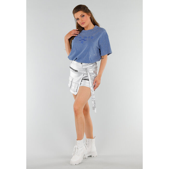 Blaues Baumwoll-T-Shirt mit Stickerei und Oversized-Passform mit Stretch