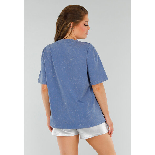 Blaues Baumwoll-T-Shirt mit Stickerei und Oversized-Passform mit Stretch
