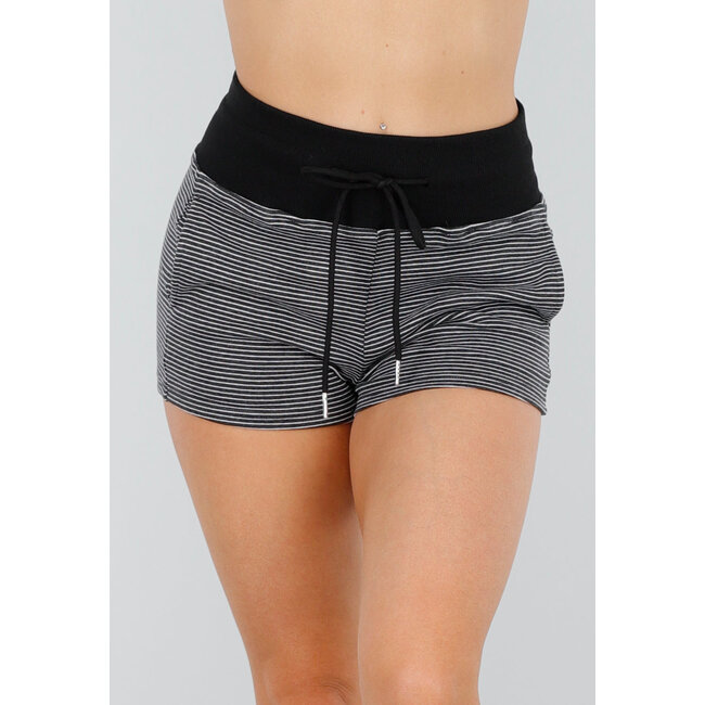 Schwarze Short mit hoher Taille, weißen Streifen, Stretch und Kordelzug