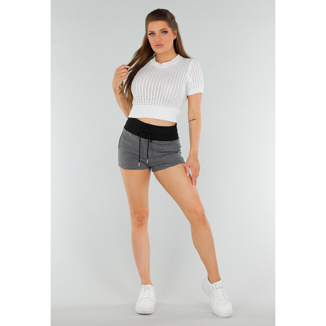 Schwarze Short mit hoher Taille, weißen Streifen, Stretch und Kordelzug