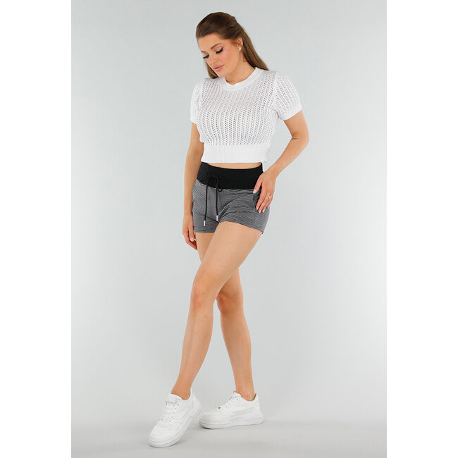 Schwarze Short mit hoher Taille, weißen Streifen, Stretch und Kordelzug