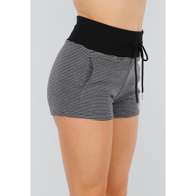 Schwarze Short mit hoher Taille, weißen Streifen, Stretch und Kordelzug