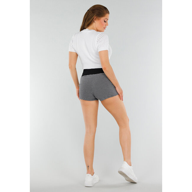 Schwarze Short mit hoher Taille, weißen Streifen, Stretch und Kordelzug