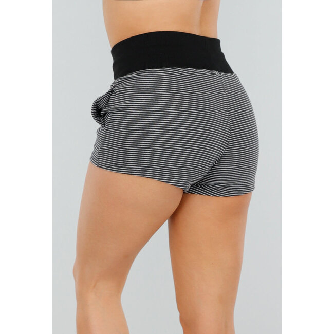 Schwarze Short mit hoher Taille, weißen Streifen, Stretch und Kordelzug
