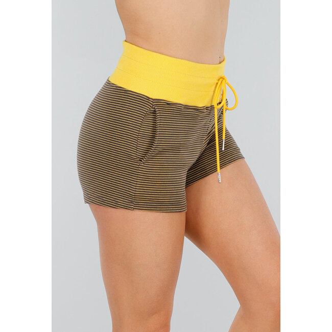 Gelbe High Waist Jogging Short mit Stretch, Taschen und Kordelzug