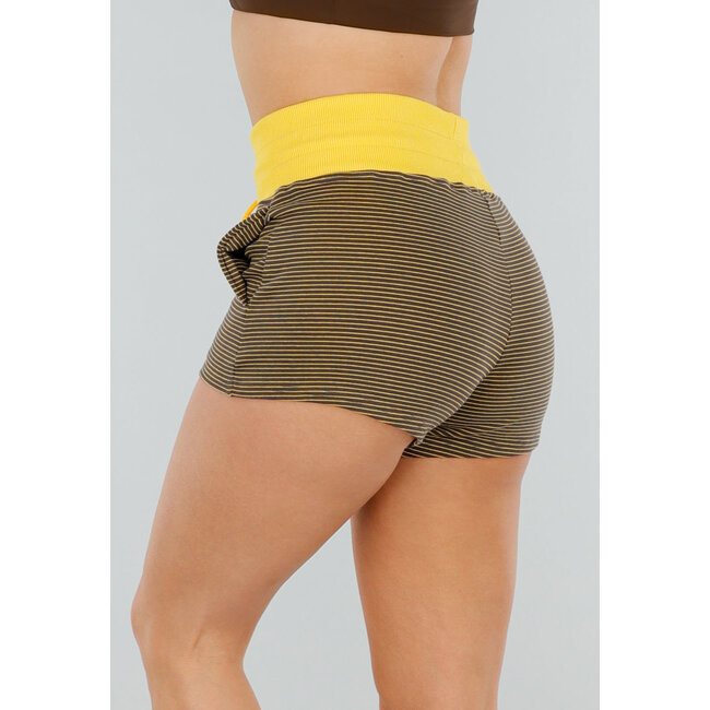 Gelbe High Waist Jogging Short mit Stretch, Taschen und Kordelzug