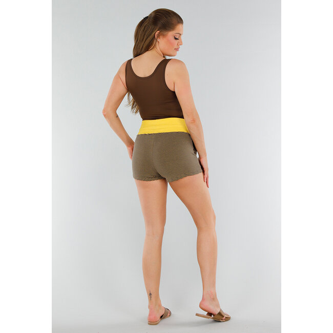 Gelbe High Waist Jogging Short mit Stretch, Taschen und Kordelzug