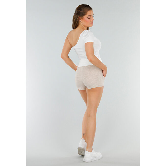 Weiße Shorts mit beigefarbenen Streifen, Stretch und hoher Taille