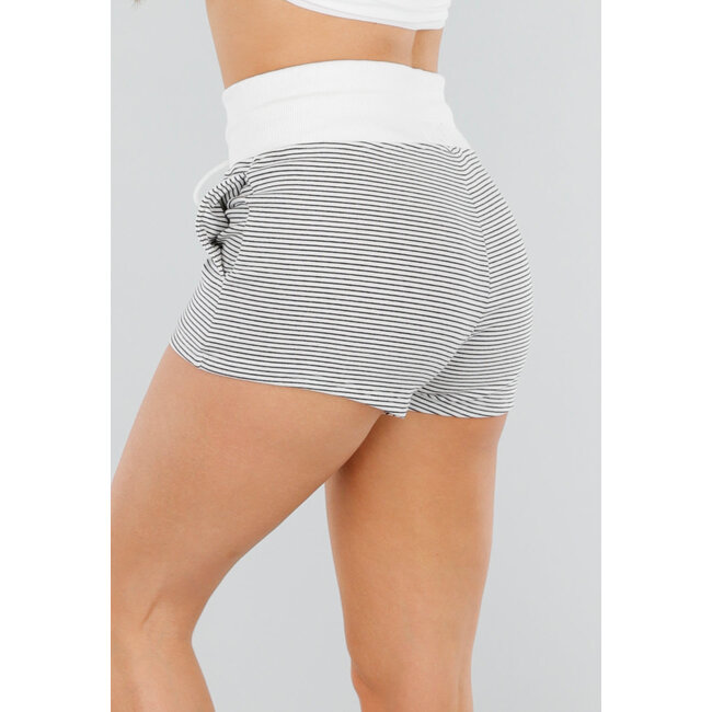 Weiße Jogging-Shorts mit hoher Taille, Stretch und schwarzen Streifen