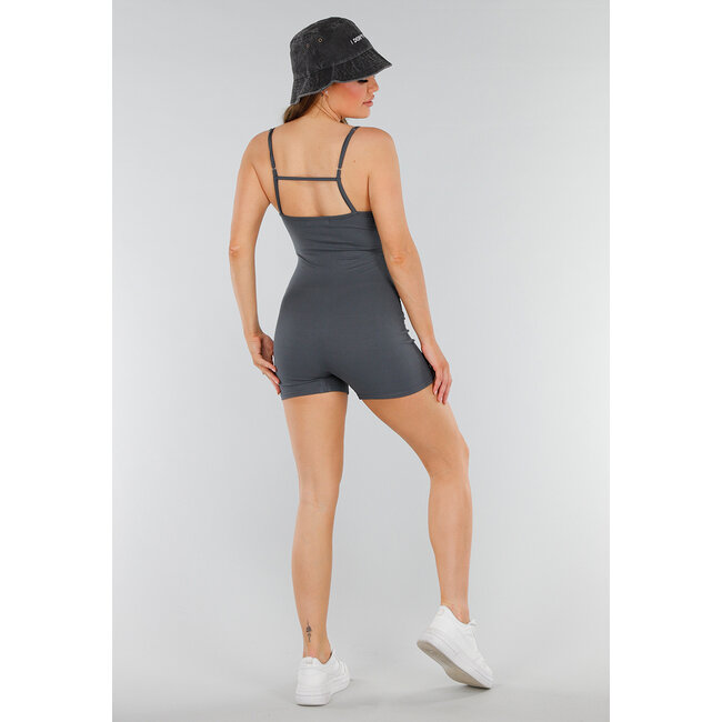 Grauer Playsuit mit Rippenstruktur, Stretch und geradem Ausschnitt