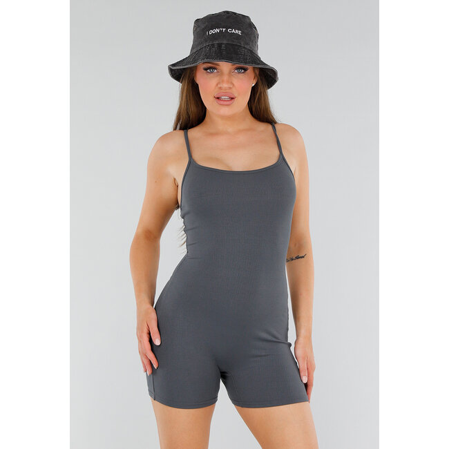 Grauer Playsuit mit Rippenstruktur, Stretch und geradem Ausschnitt